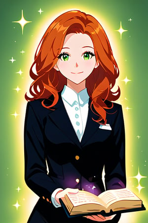 A girl with black hair and deep green eyes wearing a black dress with sparkles on the fabric in one of her hand holds a book of magic, with a mysterious smile, watching the viewer, in an atmosphere of mysterious and a small mist around, Masterpiece,Stunning image,Professional style,8k,REDHEAD,theresa apocalypse