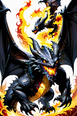 Black dragon, crimson scales, sharp teeth, long sharp claws, bright yellow eyes, large bat wings, burly, terrifying, surrounded by black flames