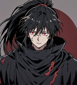 score_9,1boy, male, solo, upper body, focus male, long hair, black hair, baggy eyes, ponytail,  muscle body, red eyes, Beautiful eyes, defined body, dark colors, loose clothing, ninja cloths, black shirt, detailed eyes, cloak, normal face,  naraku_inuyasha