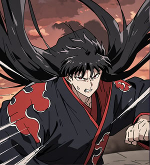 score_9,1boy, male, solo, upper body, focus male, long hair, black hair, baggy eyes , muscle body, red eyes, Beautiful eyes, defined body, dark colors, kimono, akatsuki cloak, black cloths with red clouds, akatsuki cloths,loose clothing, detailed eyes, cloak, angry face,  naraku_inuyasha, battle position, battle, attack, martial artist, fight, movement lines, wind lines, move effect, shaddows, shaddows effects