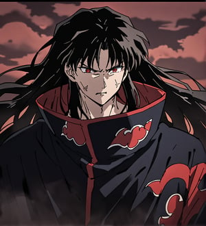 score_9,1boy, male, solo, upper body, focus male, long hair, black hair, baggy eyes , muscle body, red eyes, Beautiful eyes, defined body, dark colors, kimono, akatsuki cloak, black cloths with red clouds, akatsuki cloths,loose clothing, detailed eyes, cloak, angry face,  naraku_inuyasha