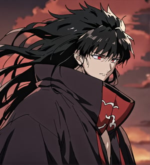 score_9,1boy, male, solo, upper body, focus male, long hair, black hair, baggy eyes , muscle body, red eyes, Beautiful eyes, defined body, dark colors, kimono, akatsuki cloak, black cloths with red clouds, akatsuki cloths,loose clothing, detailed eyes, cloak, normal face,  naraku_inuyasha