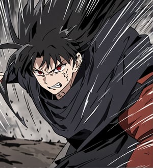 score_9,1boy, male, solo, upper body, focus male, long hair, black hair, baggy eyes , muscle body, red eyes, Beautiful eyes, defined body, dark colors, loose clothing, ninja cloths, black shirt, detailed eyes, cloak, angry face,  naraku_inuyasha, battle position, battle, attack, martial artist, fight, movement lines, wind lines, move effect, shaddows, shaddows effects