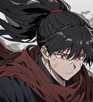 score_9,1boy, male, solo, upper body, focus male, long hair, black hair, baggy eyes, ponytail,  muscle body, red eyes, Beautiful eyes, defined body, dark colors, loose clothing, ninja cloths, black shirt, detailed eyes, cloak, normal face,  naraku_inuyasha