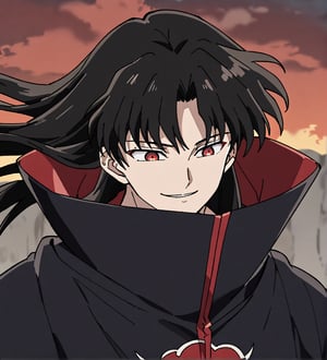 score_9,1boy, male, solo, upper body, focus male, long hair, black hair, baggy eyes , muscle body, red eyes, Beautiful eyes, defined body, dark colors, kimono, akatsuki cloak, black cloths with red clouds, akatsuki cloths,loose clothing, detailed eyes, cloak, happy face, smile, naraku_inuyasha