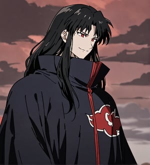 score_9,1boy, male, solo, upper body, focus male, long hair, black hair, baggy eyes , muscle body, red eyes, Beautiful eyes, defined body, dark colors, kimono, akatsuki cloak, black cloths with red clouds, akatsuki cloths,loose clothing, detailed eyes, cloak, happy face, smile, naraku_inuyasha