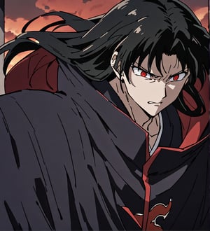 score_9,1boy, male, solo, upper body, focus male, long hair, black hair, baggy eyes , muscle body, red eyes, Beautiful eyes, defined body, dark colors, kimono, akatsuki cloak, black cloths with red clouds, akatsuki cloths,loose clothing, detailed eyes, cloak, angry face,  naraku_inuyasha