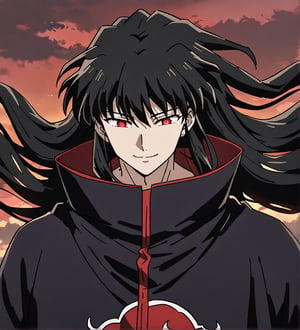 score_9,1boy, male, solo, upper body, focus male, long hair, black hair, baggy eyes , muscle body, red eyes, Beautiful eyes, defined body, dark colors, kimono, akatsuki cloak, black cloths with red clouds, akatsuki cloths,loose clothing, detailed eyes, cloak, happy face, smile, naraku_inuyasha