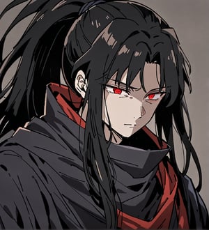 score_9,1boy, male, solo, upper body, focus male, long hair, black hair, baggy eyes, ponytail,  muscle body, red eyes, Beautiful eyes, defined body, dark colors, loose clothing, ninja cloths, black shirt, detailed eyes, cloak, normal face,  naraku_inuyasha