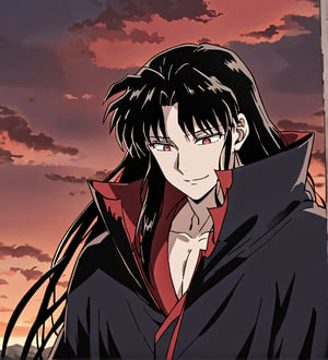 score_9,1boy, male, solo, upper body, focus male, long hair, black hair, baggy eyes , muscle body, red eyes, Beautiful eyes, defined body, dark colors, kimono, akatsuki cloak, black cloths with red clouds, akatsuki cloths,loose clothing, detailed eyes, cloak, happy face, smile, naraku_inuyasha