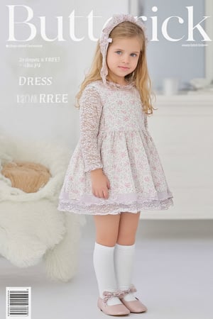 cover magazine, The title of the magazine "Butterick" "Dress for Girls", (((full body))) photography a little girl 7 year-old child, standing, front view, (looking at viewer:1.2),(long hair:1.2), blonde hair, messy hair, (hairclip:1.2), pale skin, Ruffle, fluffy, bonnet, long sock over knee Ribbon bow and Lace Ruffle, (classic Flats Mary Janes) jesusito,jesusito dress