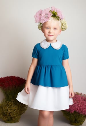 upper body, girl 7 year-old, vintage dress, short sleeves, collar, blond hair, photo studio, dark simple blurred background, perfectly illumination,vdress,rfc,floral headpiece,big flowers,ALBINO,WHITE EYEBROWS,WHITE EYELASHES,WHITE HAIR,ALG,WHITE SKIN,MSWS,skirt suspenders