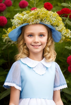 upper body, girl 17 year-old, vintage dress, short sleeves, collar, blond hair, photo studio, dark simple blurred background, perfectly illumination,vdress,rfc,floral headpiece,big flowers,