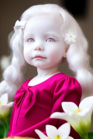 score_9, score_8_up, solo, (upper body), little girl 7 year-old, (PINK eyes:1.3),(red  dress),((albino, white eyebrows, white eyelashes))((long white hair))  white skin, detailed skin texture,  (dynamic pose) (looking at viewer),  bows, perfectly illumination, photorealistic, indoors,ALG,rfc,big flowers,hair flower