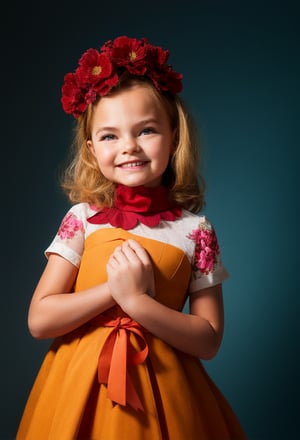 upper body, girl 17 year-old, vintage dress, short sleeves, collar, blond hair, photo studio, dark simple blurred background, perfectly illumination,vdress,rfc,floral headpiece,big flowers