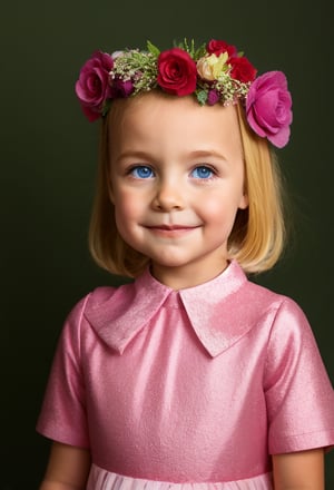 upper body, girl 7 year-old, vintage dress, short sleeves, collar, blond hair, photo studio, dark simple blurred background, perfectly illumination,vdress,rfc,floral headpiece,big flowers,