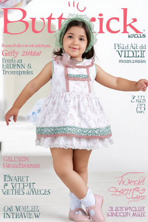 cover magazine, The title of the magazine "Butterick" "Dress for Girls", (((full body))) photography a little girl 7 year-old child, standing, front view, (looking at viewer:1.2),(long hair:1.2), black hair, messy hair, (hairclip:1.2), pale skin, Ruffle, fluffy, bonnet, long sock over knee Ribbon bow and Lace Ruffle, (classic Flats Mary Janes) jesusito,jesusito dress