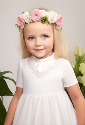 upper body, girl 7 year-old, vintage dress, short sleeves, collar, blond hair, photo studio, dark simple blurred background, perfectly illumination,vdress,rfc,floral headpiece,big flowers,ALBINO,WHITE EYEBROWS,WHITE EYELASHES,WHITE HAIR,ALG