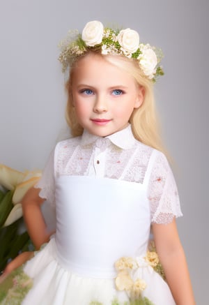 upper body, girl 7 year-old, vintage dress, short sleeves, collar, blond hair, photo studio, dark simple blurred background, perfectly illumination,vdress,rfc,floral headpiece,big flowers,ALBINO,WHITE EYEBROWS,WHITE EYELASHES,WHITE HAIR,ALG,WHITE SKIN,MSWS,skirt suspenders