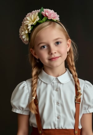 upper body, girl 7 year-old, vintage dress, short sleeves, collar, blond hair, photo studio, dark simple blurred background, perfectly illumination,vdress,rfc,floral headpiece,big flowers,ALBINO,WHITE EYEBROWS,WHITE EYELASHES,WHITE HAIR,ALG,WHITE SKIN,MSWS,skirt suspenders