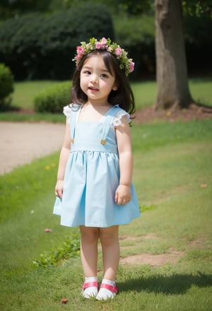 (full body photo of a toddler girl 5 year-old), real flowers crown, floral crown, flower, perfect face, standing on the grass near a pond, there are ducks, many bushes and trees in the background, white hair, Long messy Wavy Hair, hair bow,  realistic, skirt suspenders, best possible lighting, detailed face, thick and detailed hair, lips,MSWS,William Morris Art,Long Natural Wavy Hair,rfc