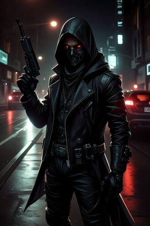 a man in a black leather jacket and black pants stands in the middle of a city street. He is wearing a black face mask, a black hooded jacket, and black gloves. Eyes shyine red, The man is holding a black gun in his right hand, and his left hand is raised in the air. His face is covered by a black mask, and he is facing the camera. To the right of the man, . The street is empty , phonk mood, dark night , ni light, only red light reflection