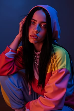 Billie Eilish wear a colorful sport suite with sweat hoodie on her head, shadows, she has mouth softly open, black long hair, windy, sitting in a recording studio room, soft warm led blue and red lights, provocative, she has a chain around her neck
