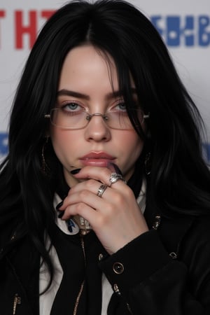 A close-up shot of Billie Eilish with long dark black hair and blue eyes. ultrarealist, 4k, square trasparent glasses,She is wearing a black jacket, a white collared shirt, a black tie, and a silver ring on her left hand. her eyes are so sensuale and deep. Her left hand is draped over her right shoulder. black nails. The backdrop is white with blue letters that read "HIT" and "HARD" and "SOFT" in red letters.