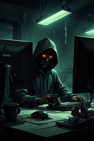 a man in a dark green hooded sweatshirt, all the face is dark, alla the face is dark , there are only visbe eye that are glowing red  is seated at a desk in front of two computer monitors. The man's face is obscured by the hoodie, and he is holding a black object in his right hand. His left hand is resting on the keyboard of the laptop, while the right hand rests on the mouse pad. A black coffee mug is placed on the desk, adding a pop of color to the scene. The backdrop is dark, with two fluorescent lights suspended from the ceiling.