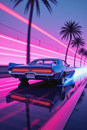 "cinematic film still 80s synthwave, retro-futuristic, a classic 1980s  car Dogge Challenger speeding around a neon-lit curve on a highway, with glowing palm trees lining the road. The scene is captured from a low-angle shot, emphasizing the sleek design and vibrant colors of the car, reflecting off the wet asphalt. The background features a neon sunset with horizontal lines, characteristic of the synthwave aesthetic, in vivid hues of pink, purple, and blue. The image is highly detailed with dramatic lighting, creating a sense of speed and motion. The artwork has a vaporwave vibe, combining retro and futuristic elements with bold, electric colors and a minimalist, sticker-like style on a white background. The atmosphere is surreal and cinematic, with sharp contrasts and intense glow effects, reminiscent of 80s digital art. This 3D render, illustration, is crafted with high resolution, capturing the essence of a synthwave cityscape in extreme detail and dynamic composition. 8k resolution with a focus on vibrant neon and striking details, evoking a nostalgic yet futuristic feel. , cyberpunk, anime, . shallow depth of field, vignette, highly detailed, high budget, bokeh, cinemascope, moody, epic, gorgeous, film grain, grainy\n,masterpiece,best quality,official art, extremely detailed CG unity 8k wallpaper,absurdres,8k resolution,Cinematic Lighting\"\n"
