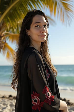 A warm, golden-hour scene in the style of Wong Kar-wai, with a soft, cinematic film grain and subtle lens flares, set against a serene, turquoise ocean and blue sky. A young woman with dark brown, long hair and a warm, wearing a flowing black kaftan adorned with intricate designer red embroidery geometrically shaped, stands on the beach, her bright smile and gentle gaze directed at the camera. Behind her, a palm tree sways gently in the breeze, its lush green leaves rustling softly, as warm, softbox light with a subtle magenta hue casts a warm glow on the scene, accentuated by the subtle, rim lighting of a low-angled sun, creating a sense of peaceful tranquility, with the camera's shallow depth of field softly blurring the background, drawing focus to the woman's serene, sun-kissed beauty, at4r