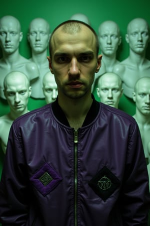 A ghostly picture unfolds before you: a young Russian man, solemn gaze fixed on the camera, wearing an Purple color leather bomber decorated with intricate square geometric patterns. He stands resolutely against a blurry green background of white mannequin heads whose faces are frozen in stoic silence. The warm golden light from above and subtle cold side lighting create an atmosphere of contemplation, while the shallow depth of field and grainy film grain evoke a sense of dreamy unease. Surrealism,ifil5