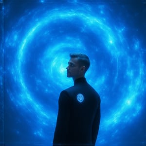 closeup, In a sleek, minimalist laboratory filled with glowing holographic displays and pulsing fiber optic cables, a man in his late 30s stands before a massive, circular portal. His name is Dr. Elias Quentin, a brilliant quantum physicist on the brink of a groundbreaking discovery.

Elias has buzzcut, dark hair peppered with flecks of silver at the temples, hinting at the stress and sleepless nights spent pursuing his life's work. His hair is neatly cropped on the sides and back, with a slightly longer top that's styled in a subtle, textured quiff. The cut accentuates his angular features and intense, intelligent eyes.

He wears a sleek, black jumpsuit emblazoned with a silver emblem over his heart - the logo of Quantum Dynamics, the cutting-edge research facility he founded. The jumpsuit fits him like a second skin, highlighting his lean, athletic build and the coiled energy in his stance.

Elias's face is a study in concentration, his brow furrowed and his jaw set with determination. His piercing blue eyes are fixed on the swirling vortex of the portal, the ethereal light casting sharp shadows across his chiseled features.

In his hand, he holds a small, glowing device - the quantum navigator. This revolutionary invention, the result of years of painstaking research and countless trials, allows him to chart a course through the complex web of parallel universes and alternate realities.

The laboratory around him is a marvel of advanced technology, with sleek consoles and holographic projections displaying mind-bending equations and simulations. The walls are a pristine white, the stark color broken only by the pulsing blue light of the portal and the soft amber glow of the quantum navigator in Elias's hand.

As he takes a deep breath and steps towards the portal, the air crackles with energy and anticipation. Elias knows that the journey ahead will be filled with unimaginable wonders and untold dangers, but his thirst for knowledge and his unwavering determination drive him forward.

With a final glance at the quantum navigator and a resolute set to his jaw, Dr. Elias Quentin steps into the swirling vortex, ready to navigate the uncharted realms of the multiverse and unlock the secrets of quantum reality. score_9, score_8_up, score_7_up, score_6_up