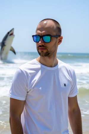 a man short hair ifil5 blue sunglasses showing off his cool new t shirt at the beach, a shark is jumping out of the water in the background