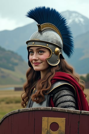 (Detailed Face),((full body closeup view)), 1girl, ((( Ella Purnell in ancient Roman armor, Roman helmet with long thick blue plume))),((brown long curly hair, braided, red cheeks, smirk)), ((checkered pattern on shield))
BREAK,
(( walking along the wooden fort wall of a  Roman encampment, background, mountains , field, (((misty, fog))), )), snowy peaks, clouds, (Ultra Realistic), (High Resolution), (8K), (Very Detailed), (Beautiful and Detailed Eyes), (Best Quality), (Ultra Detailed), (Masterpiece), (Wallpaper), digital painting, mythical, bioluminescent, by greg rutkowski, gaston bussiere, craig mullins, simon bisley By artist "anime", 3d anime art, inspired by WLOP, Artstation, #genshinimpact pixiv, extremely detailed, aesthetic, concept art, ultrafine detail, breathtaking, 8k resolution, vray tracing By artist "anime", 3d anime art, inspired by WLOP, Artstation, #genshinimpact pixiv, extremely detailed, aesthetic, concept art, ultrafine detail, breathtaking, 8k resolution, vray tracing