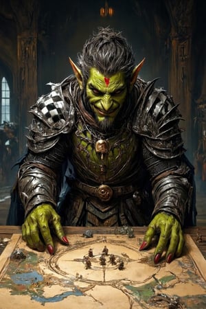 score_9, score_8_up, score_7_up, 

closeup, Portrait of aMel Gibson as Goblin demon, green skin, small red horns on forehead, evil grin, chainmail armor, red eyes,  black/gray hair, long pointy nose, pointy ears, small sharp teeth, cut on lip, beard, looking at a large map with troop placements using little army wood ponds of human and goblin on a large oak table, sharp red fingernails, white/black painted checkered pattern on armor shoulder pads, dark fantasy landscape, large open castle room with huge table, goblin guards in the background, fireplace,mythp0rt