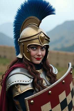 (Detailed Face),((full body closeup view)), 1girl, ((( Ella Purnell in ancient Roman armor, Roman helmet with long thick blue plume))),((brown long curly hair, braided, red cheeks, smirk)), ((checkered pattern on shield))
BREAK,
(( walking along the wooden fort wall of a  Roman encampment, background, mountains , field, (((misty, fog))), )), snowy peaks, clouds, (Ultra Realistic), (High Resolution), (8K), (Very Detailed), (Beautiful and Detailed Eyes), (Best Quality), (Ultra Detailed), (Masterpiece), (Wallpaper), digital painting, mythical, bioluminescent, by greg rutkowski, gaston bussiere, craig mullins, simon bisley By artist "anime", 3d anime art, inspired by WLOP, Artstation, #genshinimpact pixiv, extremely detailed, aesthetic, concept art, ultrafine detail, breathtaking, 8k resolution, vray tracing By artist "anime", 3d anime art, inspired by WLOP, Artstation, #genshinimpact pixiv, extremely detailed, aesthetic, concept art, ultrafine detail, breathtaking, 8k resolution, vray tracing