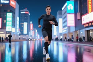 a photo of UNCDA0 as a futuristic runner in a sleek, high-tech bodysuit, sprinting through a neon-lit futuristic cityscape. The runner wears advanced running gear, and the shoes emit a faint glow. The city is filled with holographic billboards and flying vehicles overhead. The runner’s body has biomechanical enhancements, and the scene emphasizes speed and futuristic elements.