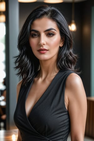 A middle-aged woman with an Iranian appearance, attractive and full of energy, with medium-length black and white hair. She stands at 162 cm tall and weighs 62 kg. She is stylish with a modeling-like pose.