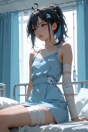 score_9, score_8_up, score_7_up, 1girl, 23-year-old female thief wearing a light blue hospital gown, sitting in bed in a hospital room, looking to the side, bandaged arm, bandaged leg, flat chest, half portrait, black eyes, ponytail, sidelocks, straight hair, hair between eyes, ahoge, black hair, streaked hair, (hospital gown),