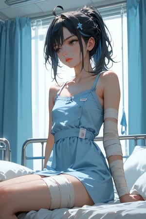 score_9, score_8_up, score_7_up, 1girl, 23-year-old female thief wearing a light blue hospital gown, sitting in bed in a hospital room, looking to the side, bandaged arm, bandaged leg, flat chest, half portrait, black eyes, ponytail, sidelocks, straight hair, hair between eyes, ahoge, black hair, streaked hair, (hospital gown),