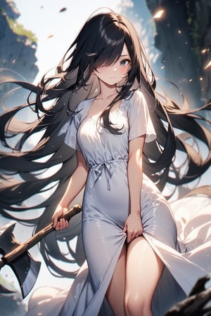 girl dragging a hatchet behind her, her face is half covered by her hair, 1girl, very long hair, hair over one eye, black hair, hatchet (axe), white dress