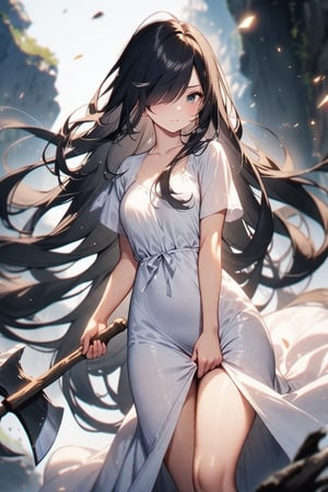 girl dragging a hatchet behind her, her face is half covered by her hair, 1girl, very long hair, hair over one eye, black hair, hatchet (axe), white dress