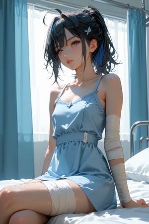 score_9, score_8_up, score_7_up, 1girl, 23-year-old female thief wearing a light blue hospital gown, sitting in bed in a hospital room, looking to the side, bandaged arm, bandaged leg, flat chest, half portrait, black eyes, ponytail, sidelocks, straight hair, hair between eyes, ahoge, black hair, streaked hair, (hospital gown),perfecteyes