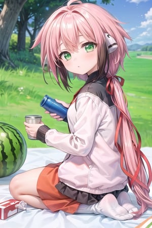 (masterpiece),scenery, ikaros, robot ears, twintails, (red ribbon), pink hair,long hair, multiple girls, ribbon, sitting, green eyes, hair ribbon, outdoors, short socks, 2cup, seiza, picnic, red skirt, gradient hair,  low twintail,Ikaros, short hair, two-toned hair, blue thermos bottle in her hand, watermelon