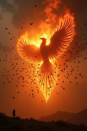 A majestic shot captures the awe-inspiring moment as a flock of thousands of birds soar towards the mystical Phoenix, shrouded in an aura of fiery flames. The viewer's gaze is drawn to the silhouette of the Phoenix's shape, partially obscured by the radiant inferno, its true form hidden from view. Against a backdrop of darkened skies, the intense warmth and light of the flames illuminate the surrounding landscape, as the birds' wings beat fiercely in unison, their formation a mesmerizing blur of feathers and motion.