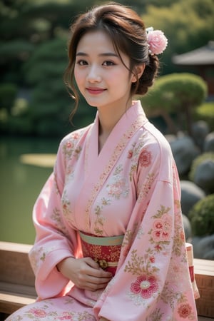 A beautiful Japanese girl, 23yo, busty body, full body portrait, luxurious pink kimono, ornate embroidery, wood slippers, Japan Zen garden, cinematic, amazing composition, highly details