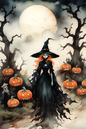 This vintage Halloween painting captures a haunted pumpkin patch under the eerie glow of a misty, moonlit night. A witch with a classic look—pointy hat and flowing cloak—stands in the middle of the patch, surrounded by glowing jack-o'-lanterns with haunting grins. The scene is filled with spooky charm, featuring gnarled trees and an old, crumbling fence in the background. Painted in a vintage watercolor style, the artwork uses soft gradients and muted colors, with the vibrant orange of the pumpkins providing a vivid contrast. The misty atmosphere and eerie lighting create a mysterious yet captivating Halloween scene, rich in detail and perfect for lovers of nostalgic Halloween art.