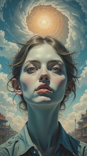 The image is a digital art piece that appears to be a portrait of a woman's face. The
woman's head is tilted slightly to the side, with her eyes looking directly at the viewer. The
background is a cloudy sky with a spiral design in the center. The design is made up of intricate lines
and shapes that create a sense of depth and dimension. The overall mood of the image is surreal and
dreamlike.