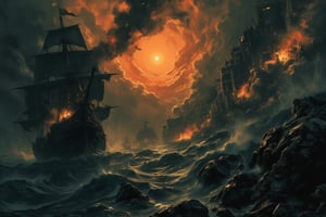 The image is a painting of a ship in the ocean during a storm. The ship appears to be a pirate ship,
with a large sail and multiple masts and rigging. It is sailing on a turbulent sea, with large waves
crashing around it. The sky is filled with dark clouds and the sun is setting in the background, casting
a warm orange glow over the scene. The clouds are filled with smoke and flames, creating a dramatic
and ominous atmosphere. The overall mood of the image is one of destruction and chaosyh